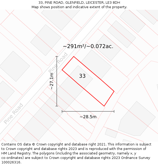 33, PINE ROAD, GLENFIELD, LEICESTER, LE3 8DH: Plot and title map