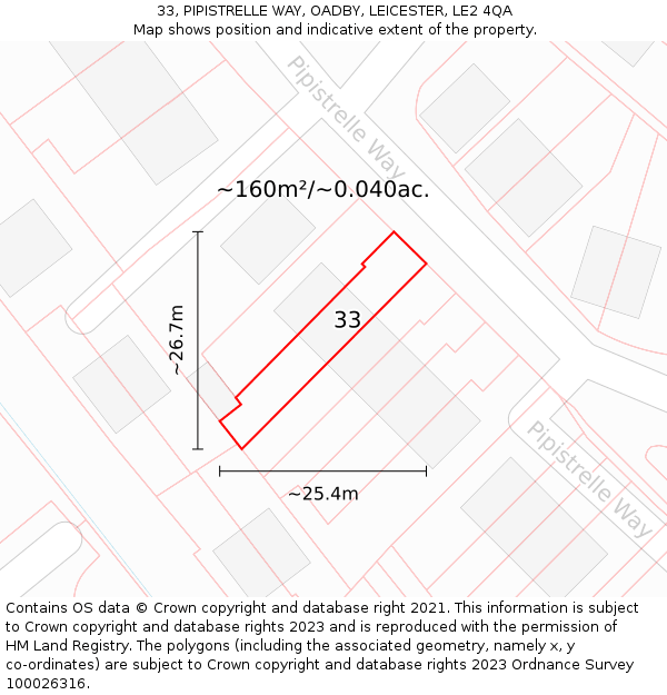 33, PIPISTRELLE WAY, OADBY, LEICESTER, LE2 4QA: Plot and title map