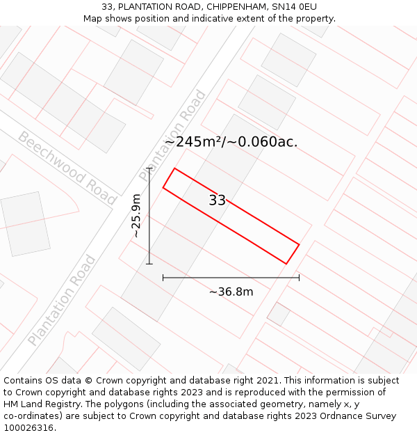 33, PLANTATION ROAD, CHIPPENHAM, SN14 0EU: Plot and title map