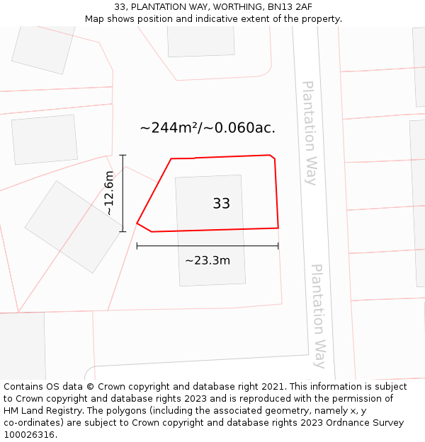33, PLANTATION WAY, WORTHING, BN13 2AF: Plot and title map
