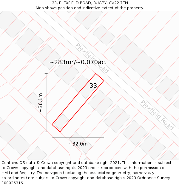 33, PLEXFIELD ROAD, RUGBY, CV22 7EN: Plot and title map