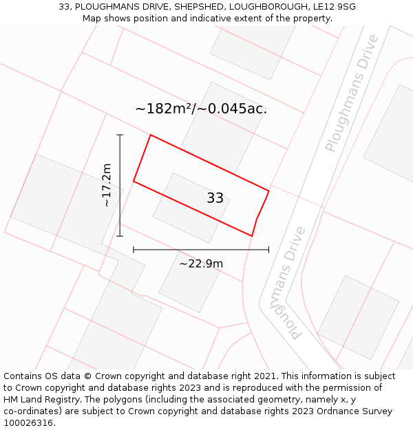 33, PLOUGHMANS DRIVE, SHEPSHED, LOUGHBOROUGH, LE12 9SG: Plot and title map