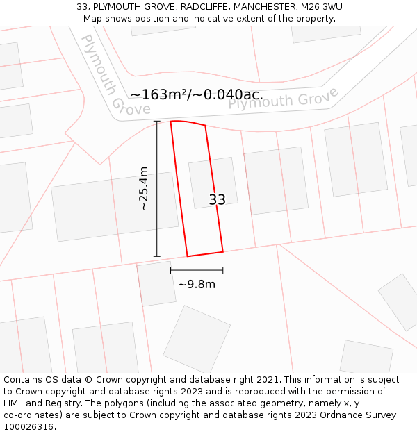 33, PLYMOUTH GROVE, RADCLIFFE, MANCHESTER, M26 3WU: Plot and title map