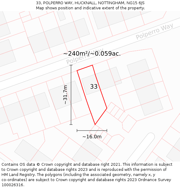 33, POLPERRO WAY, HUCKNALL, NOTTINGHAM, NG15 6JS: Plot and title map