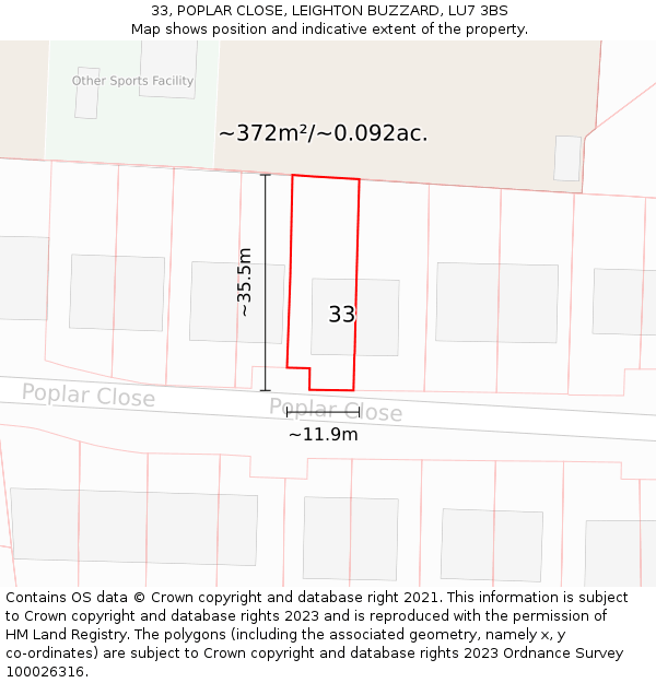 33, POPLAR CLOSE, LEIGHTON BUZZARD, LU7 3BS: Plot and title map