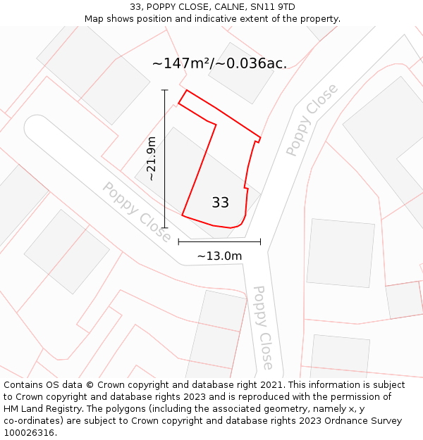 33, POPPY CLOSE, CALNE, SN11 9TD: Plot and title map