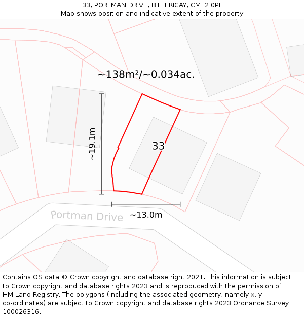 33, PORTMAN DRIVE, BILLERICAY, CM12 0PE: Plot and title map