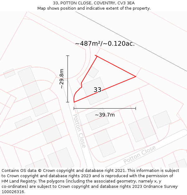33, POTTON CLOSE, COVENTRY, CV3 3EA: Plot and title map