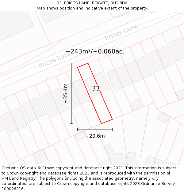 33, PRICES LANE, REIGATE, RH2 8BA: Plot and title map