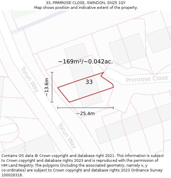 33, PRIMROSE CLOSE, SWINDON, SN25 1QY: Plot and title map