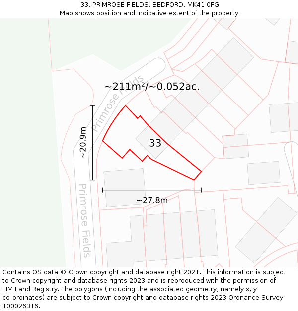33, PRIMROSE FIELDS, BEDFORD, MK41 0FG: Plot and title map