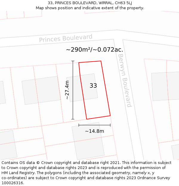 33, PRINCES BOULEVARD, WIRRAL, CH63 5LJ: Plot and title map