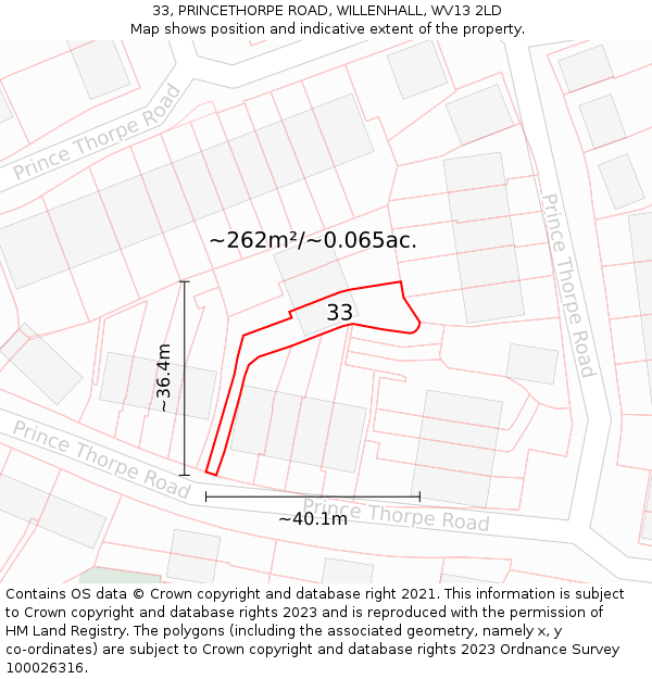 33, PRINCETHORPE ROAD, WILLENHALL, WV13 2LD: Plot and title map