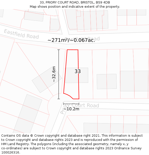 33, PRIORY COURT ROAD, BRISTOL, BS9 4DB: Plot and title map