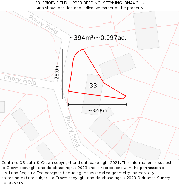33, PRIORY FIELD, UPPER BEEDING, STEYNING, BN44 3HU: Plot and title map