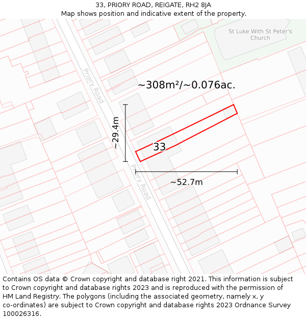 33, PRIORY ROAD, REIGATE, RH2 8JA: Plot and title map