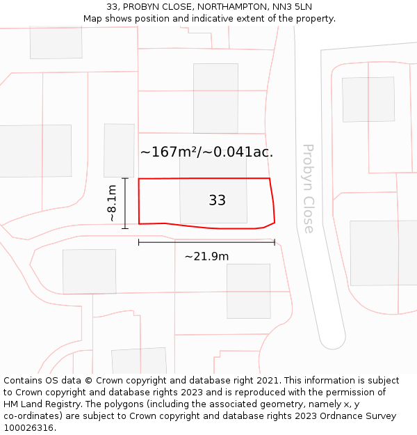 33, PROBYN CLOSE, NORTHAMPTON, NN3 5LN: Plot and title map