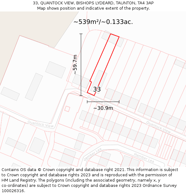 33, QUANTOCK VIEW, BISHOPS LYDEARD, TAUNTON, TA4 3AP: Plot and title map