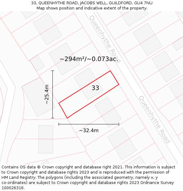 33, QUEENHYTHE ROAD, JACOBS WELL, GUILDFORD, GU4 7NU: Plot and title map