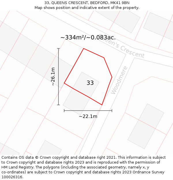 33, QUEENS CRESCENT, BEDFORD, MK41 9BN: Plot and title map
