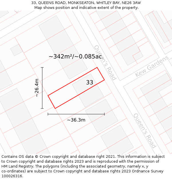 33, QUEENS ROAD, MONKSEATON, WHITLEY BAY, NE26 3AW: Plot and title map