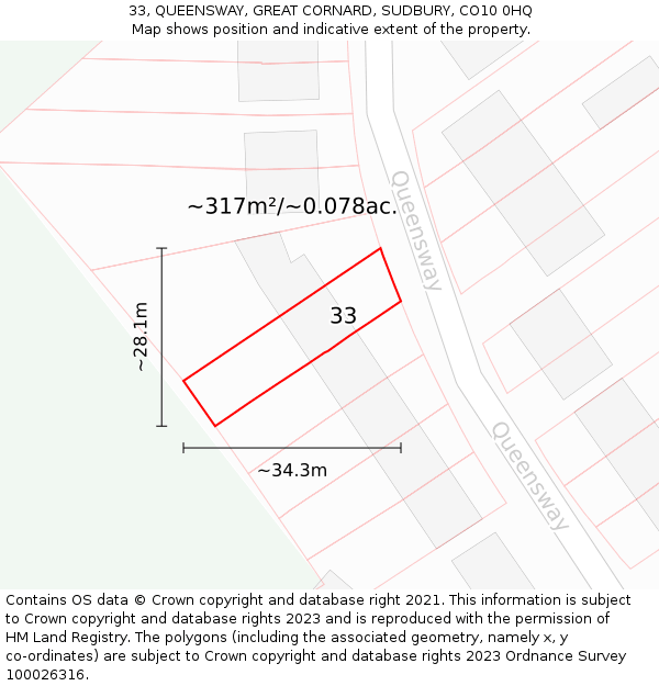 33, QUEENSWAY, GREAT CORNARD, SUDBURY, CO10 0HQ: Plot and title map