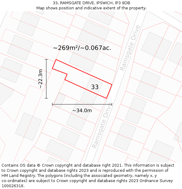33, RAMSGATE DRIVE, IPSWICH, IP3 9DB: Plot and title map