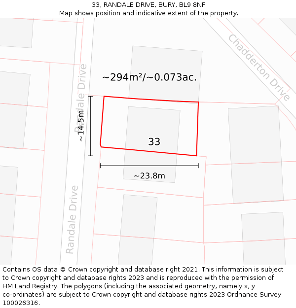 33, RANDALE DRIVE, BURY, BL9 8NF: Plot and title map