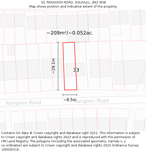 33, RANGOON ROAD, SOLIHULL, B92 9DB: Plot and title map