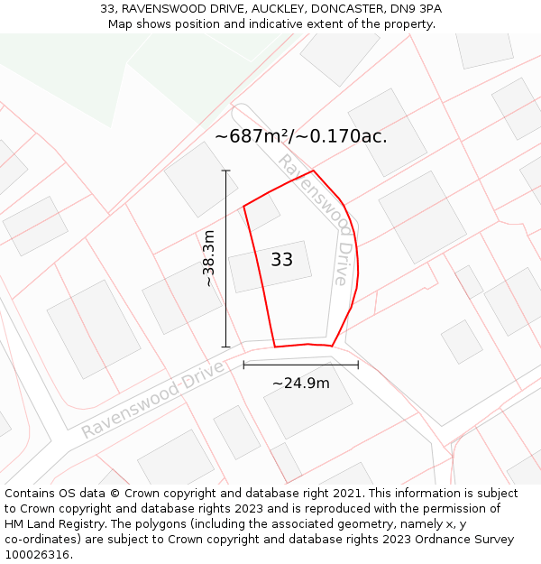33, RAVENSWOOD DRIVE, AUCKLEY, DONCASTER, DN9 3PA: Plot and title map