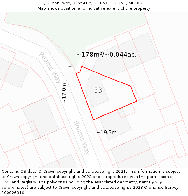 33, REAMS WAY, KEMSLEY, SITTINGBOURNE, ME10 2GD: Plot and title map
