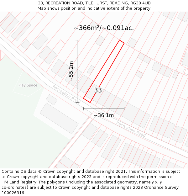 33, RECREATION ROAD, TILEHURST, READING, RG30 4UB: Plot and title map