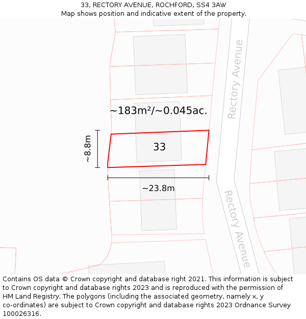 33, RECTORY AVENUE, ROCHFORD, SS4 3AW: Plot and title map