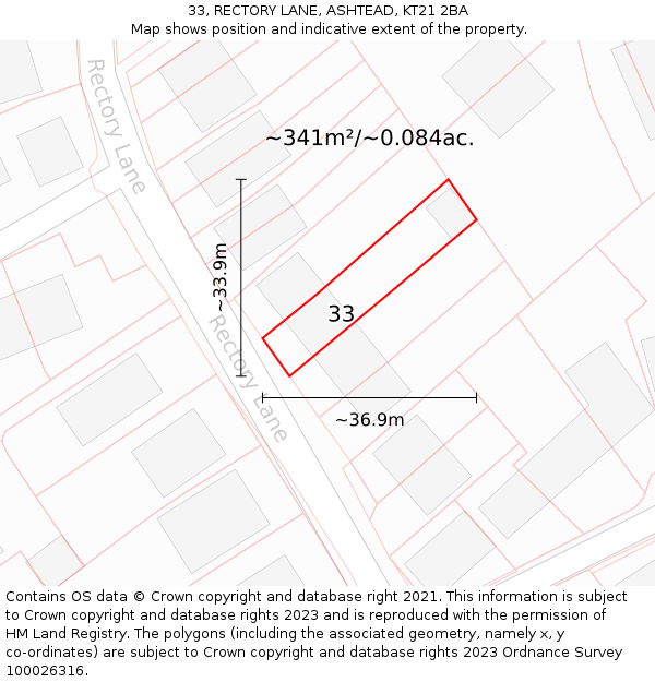 33, RECTORY LANE, ASHTEAD, KT21 2BA: Plot and title map