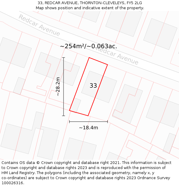 33, REDCAR AVENUE, THORNTON-CLEVELEYS, FY5 2LG: Plot and title map