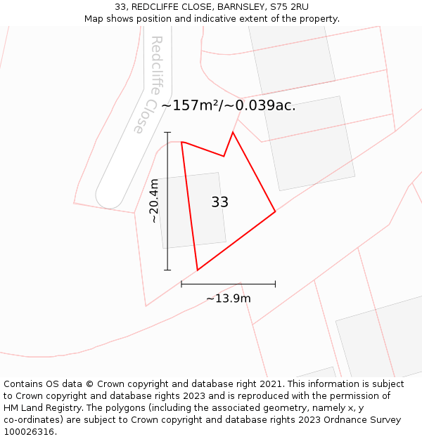 33, REDCLIFFE CLOSE, BARNSLEY, S75 2RU: Plot and title map