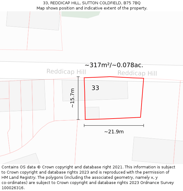 33, REDDICAP HILL, SUTTON COLDFIELD, B75 7BQ: Plot and title map