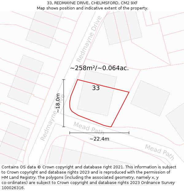 33, REDMAYNE DRIVE, CHELMSFORD, CM2 9XF: Plot and title map