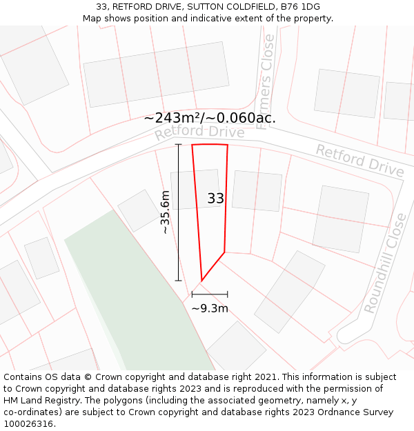33, RETFORD DRIVE, SUTTON COLDFIELD, B76 1DG: Plot and title map