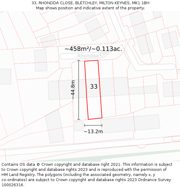 33, RHONDDA CLOSE, BLETCHLEY, MILTON KEYNES, MK1 1BH: Plot and title map