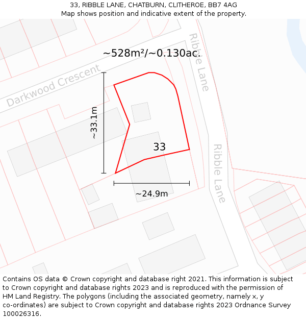 33, RIBBLE LANE, CHATBURN, CLITHEROE, BB7 4AG: Plot and title map