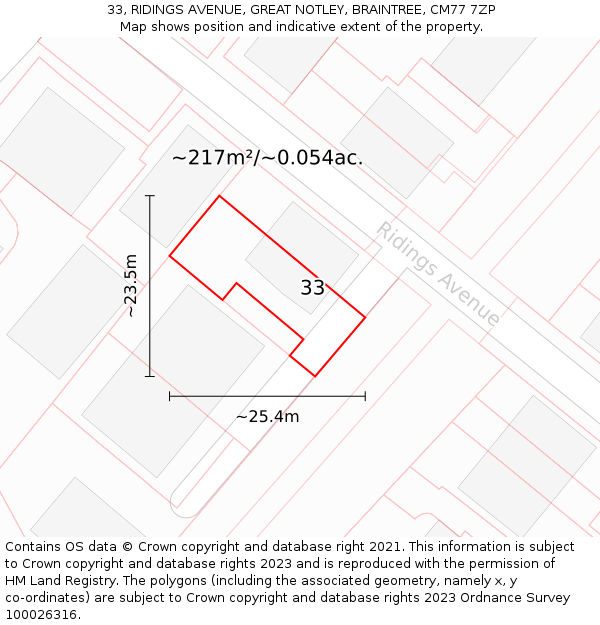 33, RIDINGS AVENUE, GREAT NOTLEY, BRAINTREE, CM77 7ZP: Plot and title map