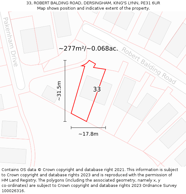 33, ROBERT BALDING ROAD, DERSINGHAM, KING'S LYNN, PE31 6UR: Plot and title map