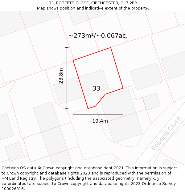 33, ROBERTS CLOSE, CIRENCESTER, GL7 2RP: Plot and title map
