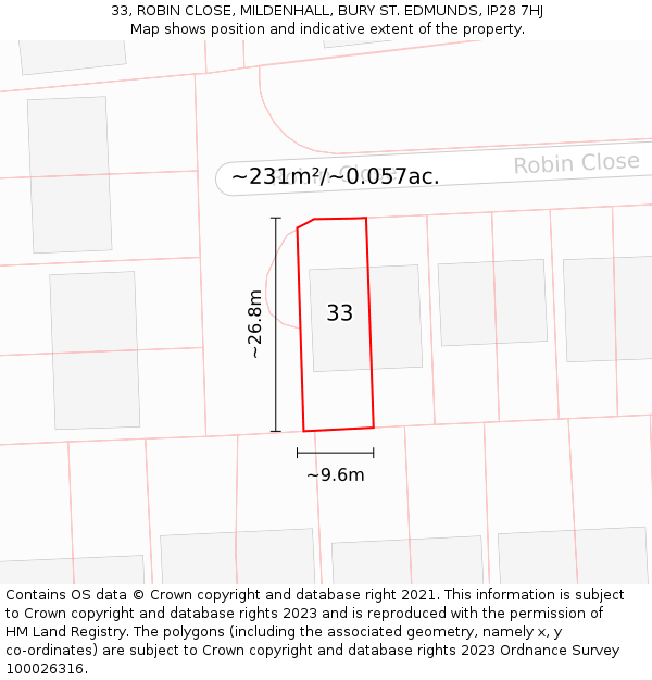 33, ROBIN CLOSE, MILDENHALL, BURY ST. EDMUNDS, IP28 7HJ: Plot and title map