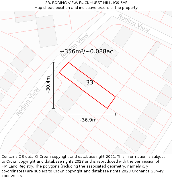 33, RODING VIEW, BUCKHURST HILL, IG9 6AF: Plot and title map