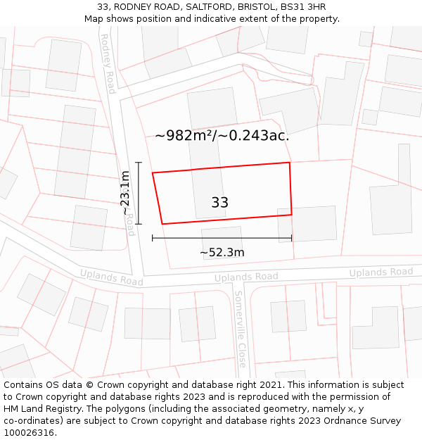 33, RODNEY ROAD, SALTFORD, BRISTOL, BS31 3HR: Plot and title map