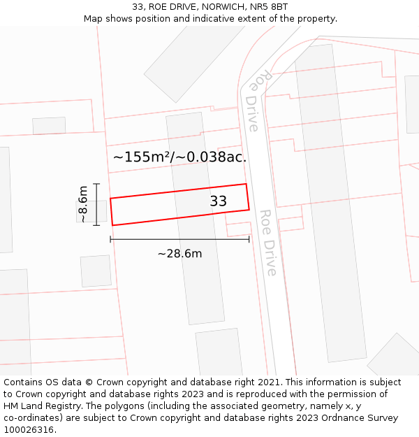 33, ROE DRIVE, NORWICH, NR5 8BT: Plot and title map
