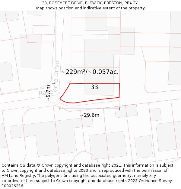 33, ROSEACRE DRIVE, ELSWICK, PRESTON, PR4 3YL: Plot and title map