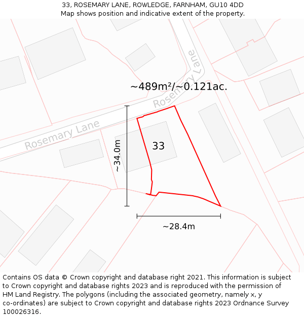 33, ROSEMARY LANE, ROWLEDGE, FARNHAM, GU10 4DD: Plot and title map